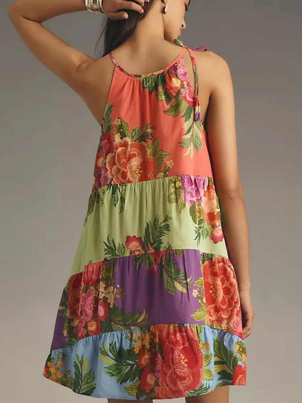 Farm Rio x Anthropologie Halter Floral Tiered Mini Dress - size Large - Picture 2 of 6